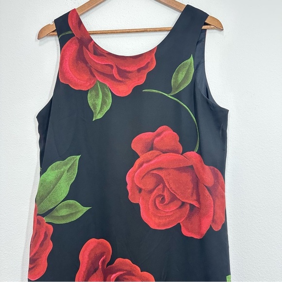 Vintage 90s Classic Red Rose Black Midi Dress Grunge Rachel Green Romantic - Picture 2 of 5